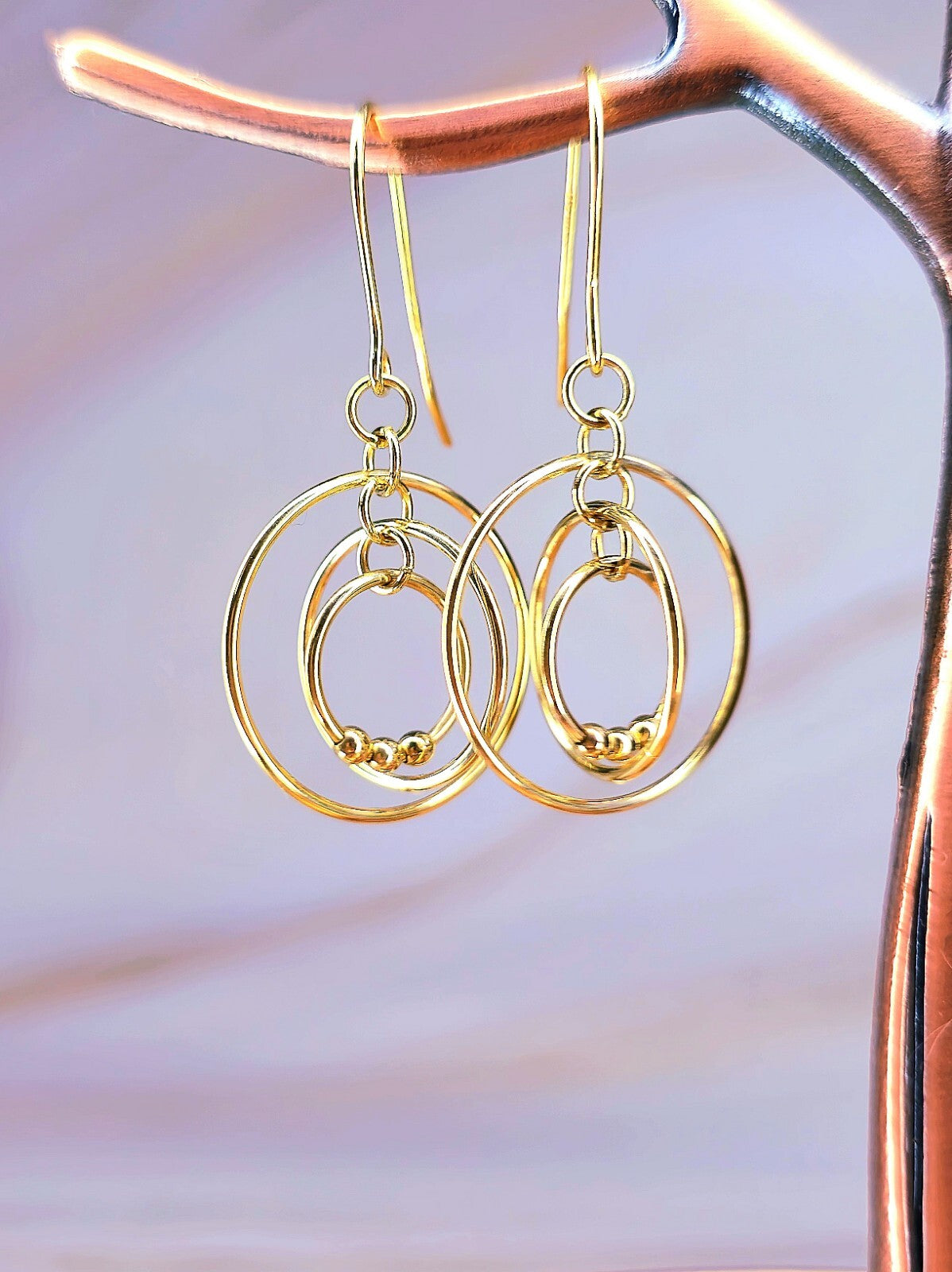 New Solid 9ct Yellow Gold Multi Circle Moving Dangling 3D Drop Earrings Hook