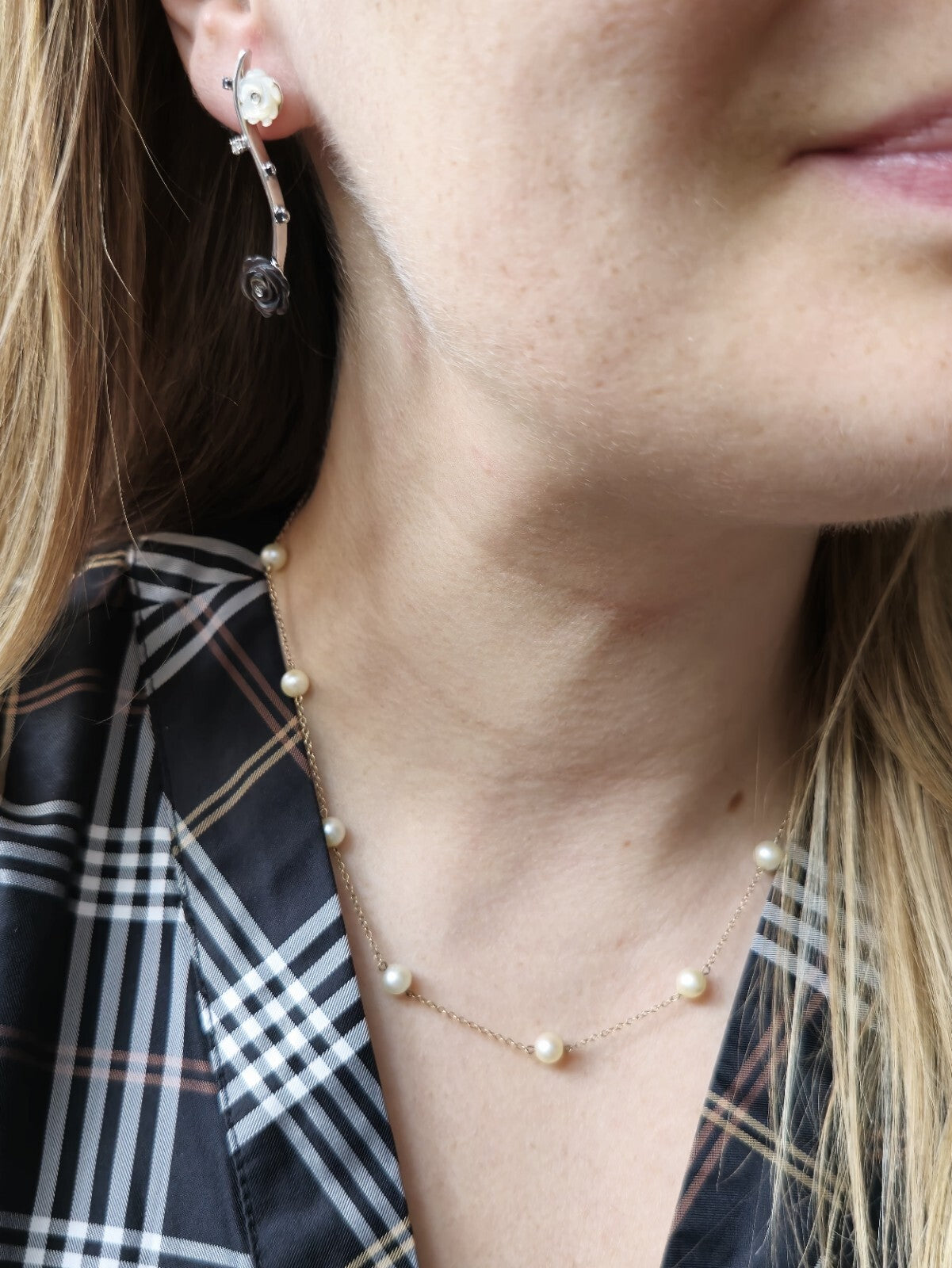 9K Yellow Gold Bars And Natural Cultured Pearls 17inch Fashion Necklace