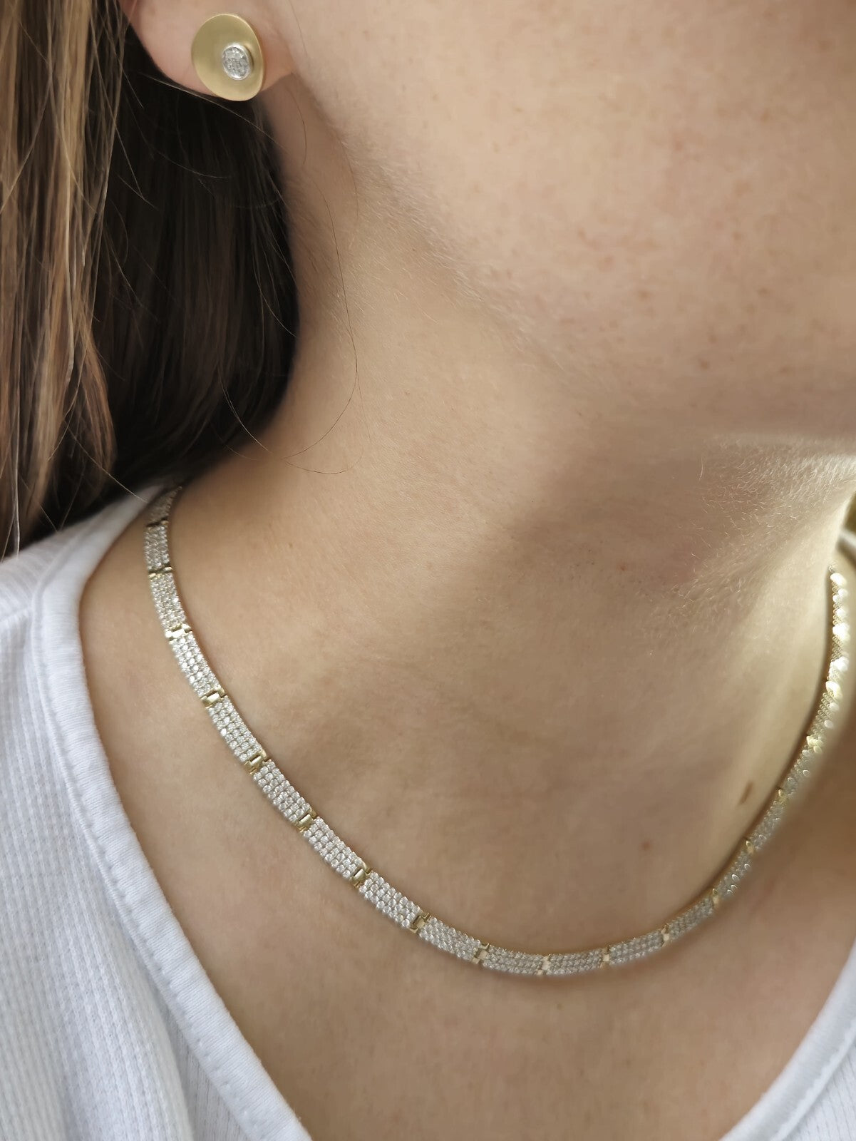 New Iced/Loaded Solid 9ct Yellow Gold Collar/Necklace 7.5inch C/Z Pave Hallmark