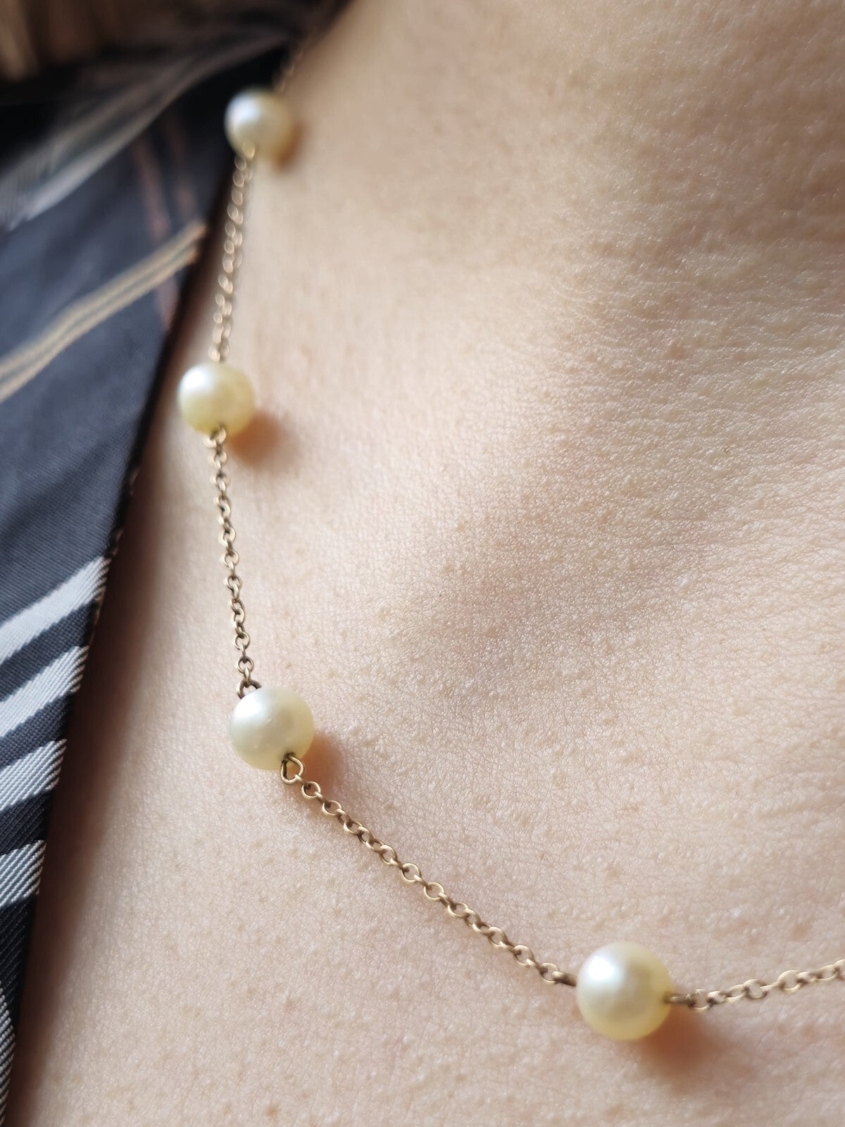 9K Yellow Gold Bars And Natural Cultured Pearls 17inch Fashion Necklace