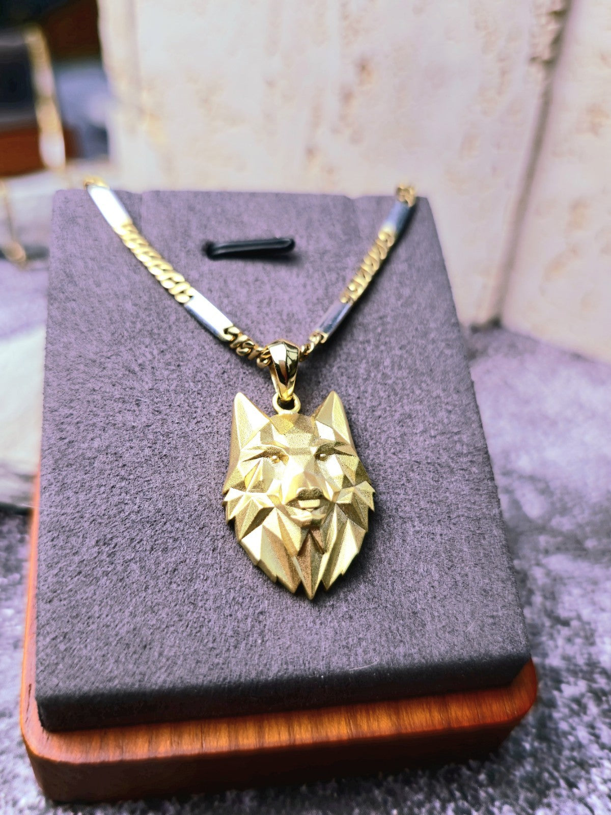 New Sterling Silver (925) Gold Plated Wolf Head Pendant 3D Geometrical Shape