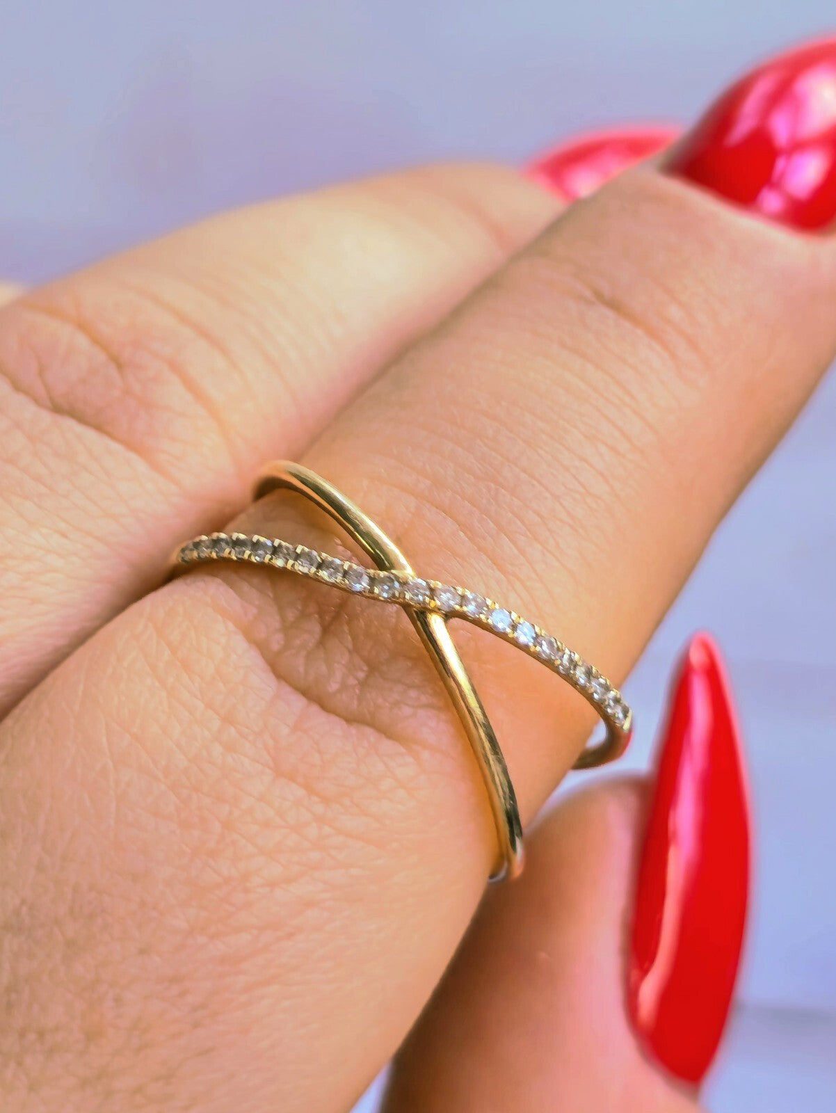 9ct Yellow Gold X Shape Ring Cross With Diamonds Size P Half Eternity Fashion