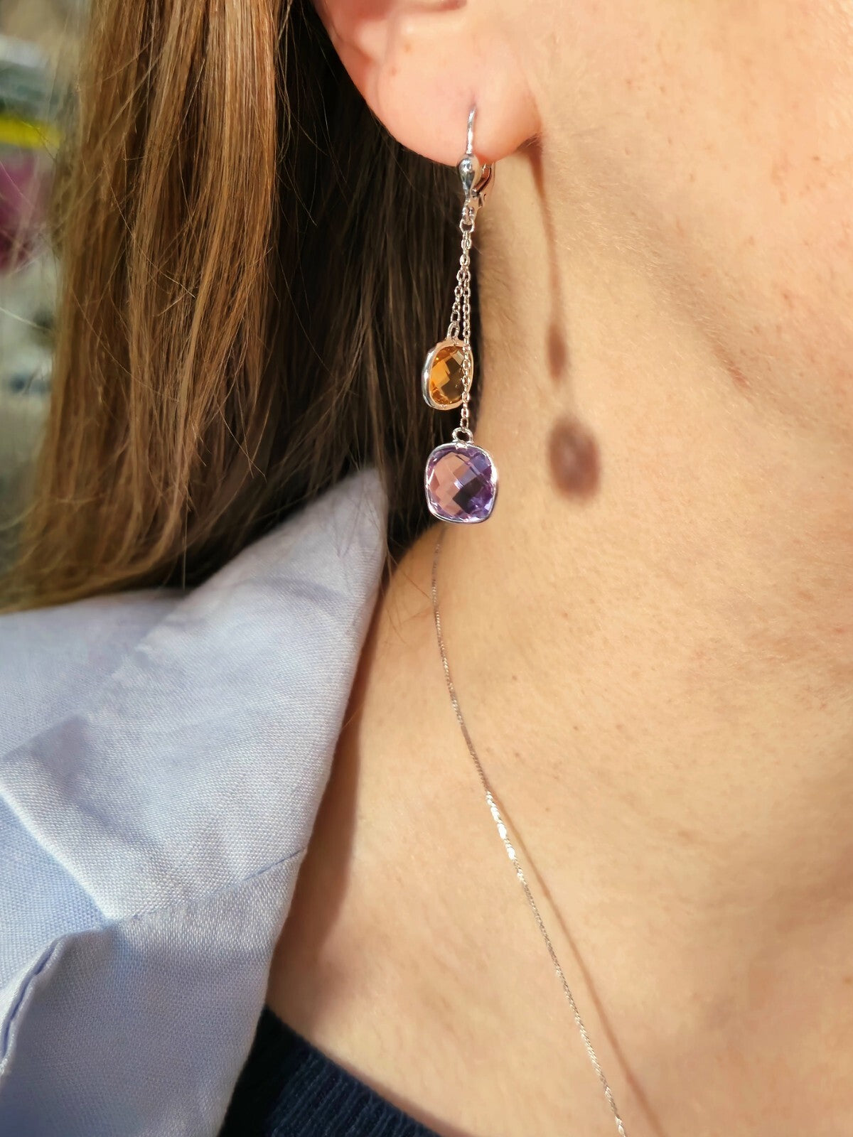 New 9ct White Gold Drop Earrings Amethyst and Citrine Big Stones Dangling Dress