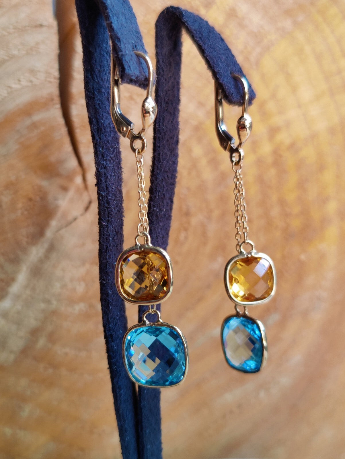New 9ct Gold Drop Earrings 5grams Blue Topaz and Citrine Big Stones Hallmarked