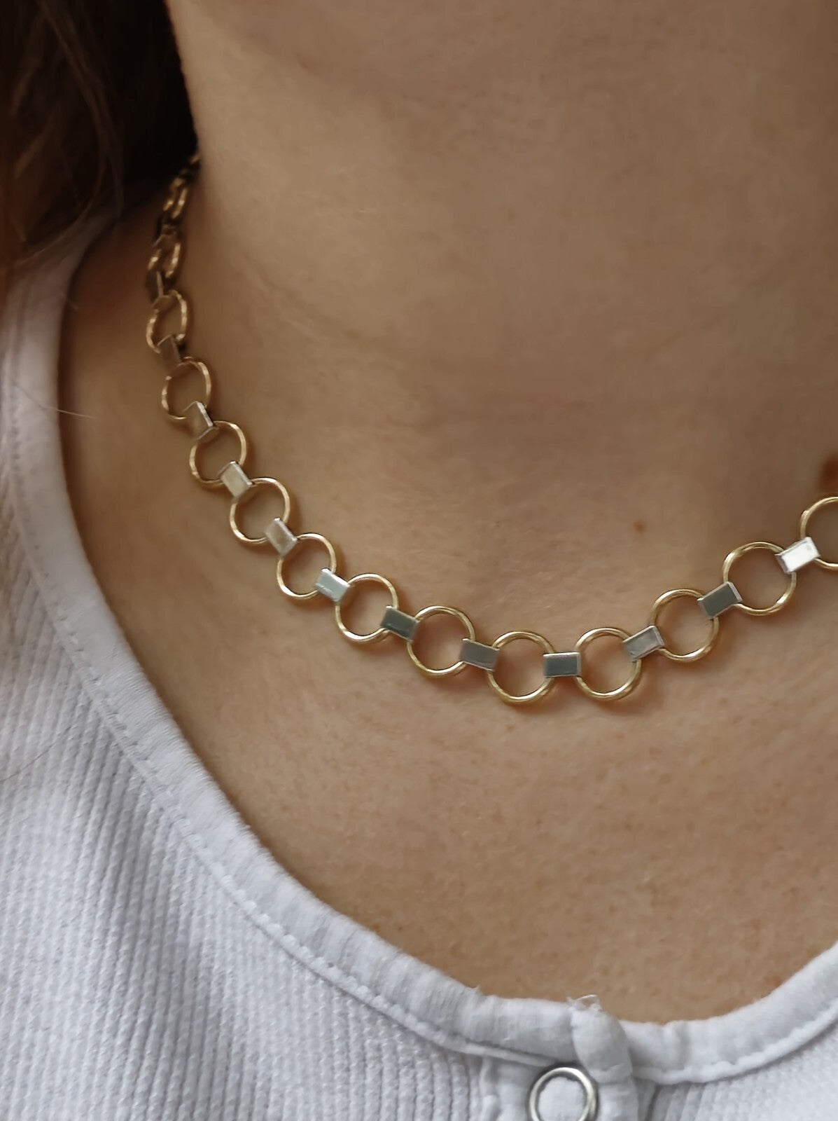 New Fancy 9ct Yellow/White Gold Necklace Collar Chocker Circles/Bars Lovely 11g