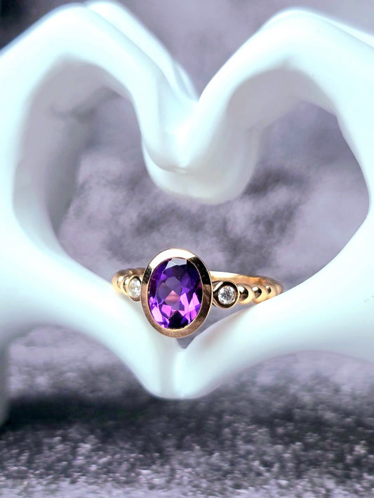 New 18ct Rose Gold Oval Amethyst and Diamonds Ring Cocktail Dress Bead Band