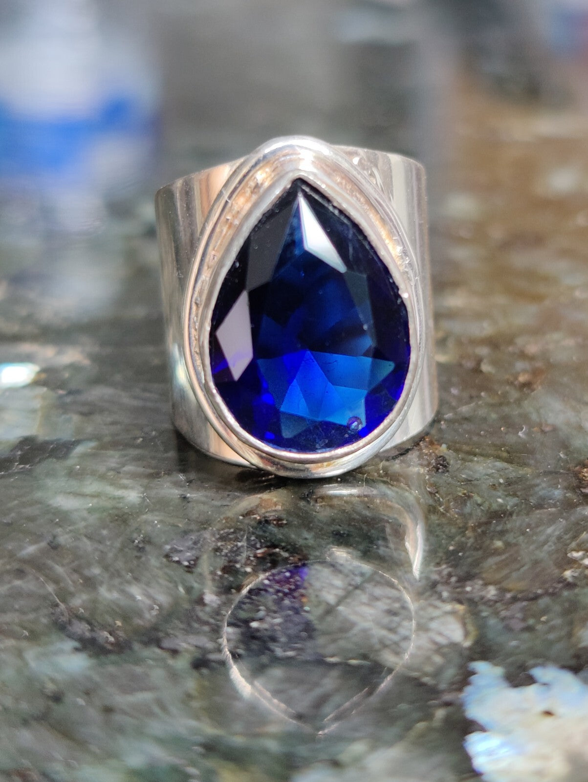 Sterling Silver 925 Ring with Big Blue Pear Shape Stone, Dress, Coctail, size K
