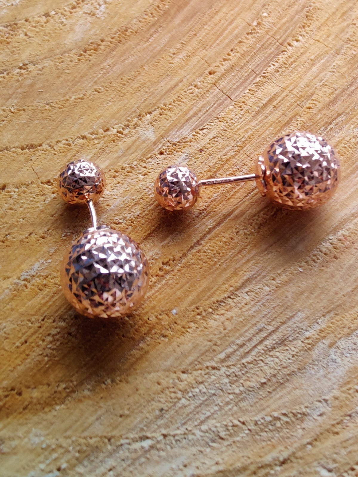 New Double Ball Reversible 9K Rose Gold Stud Earrings 6-10mm Diamond Cut Balls