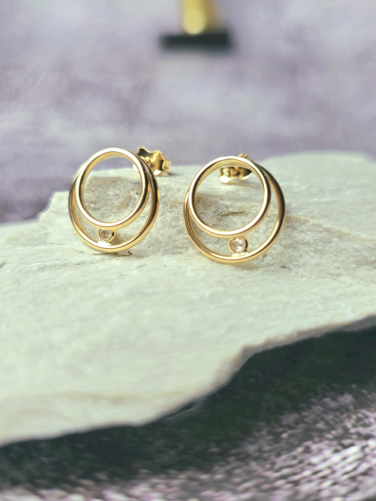 NEW 9ct Yellow Gold Solid Double Circle Earrings with Cubic Zirconia Elegant