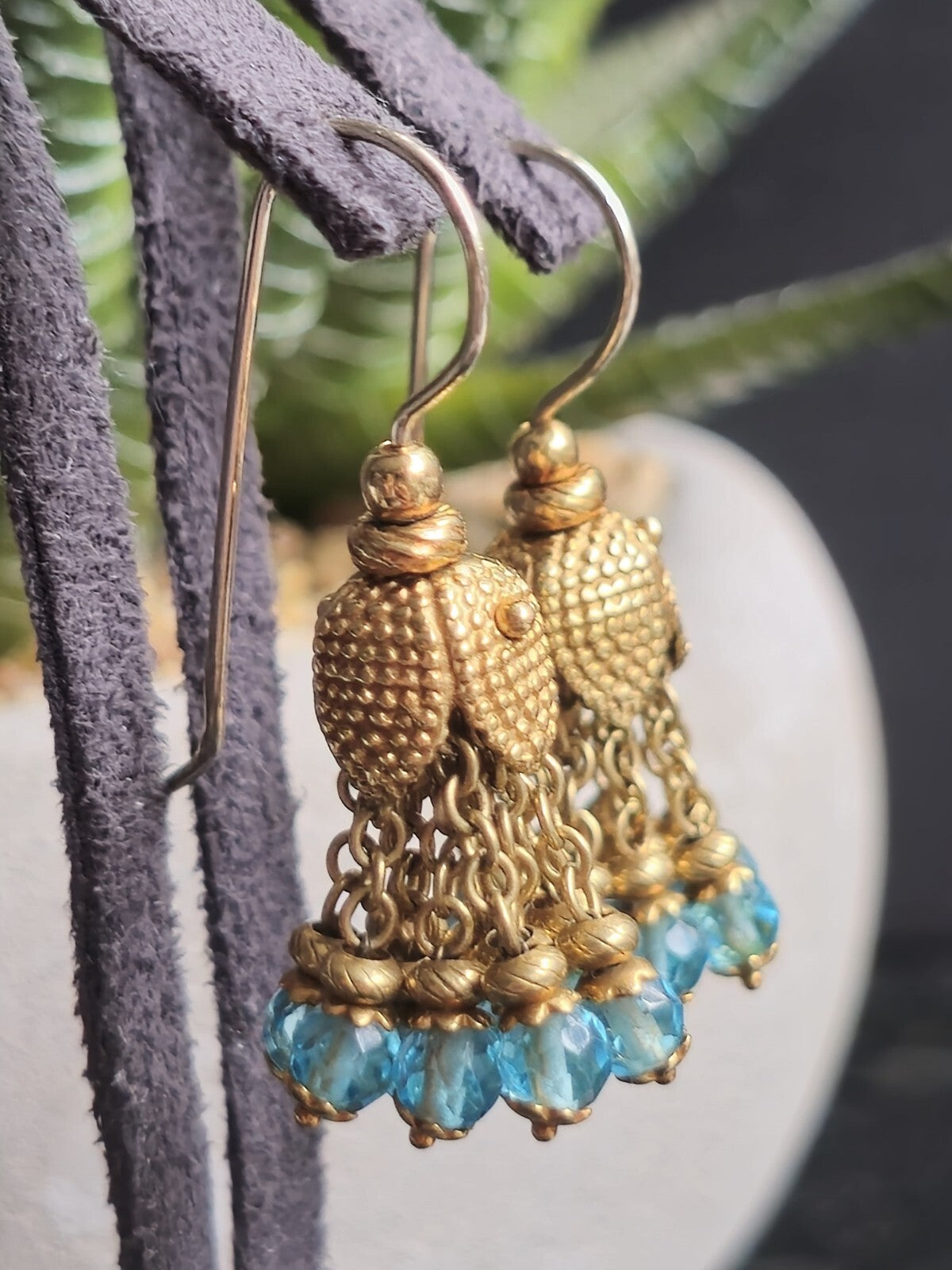 Solid 18K Yellow Gold Blue Topaz Chandelier Dangle Drop Earrings Hook Indian
