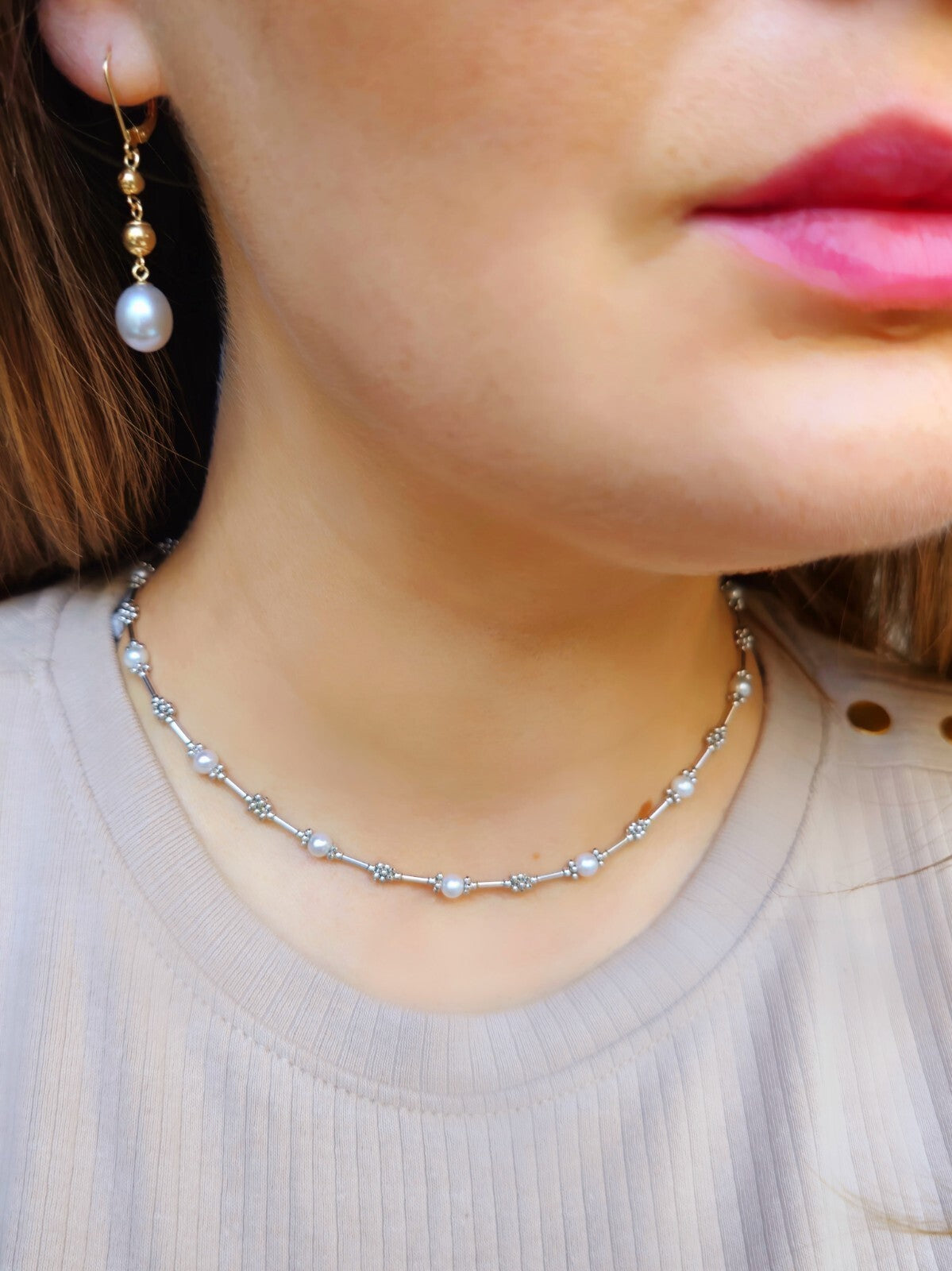 9k White Gold Necklace with Freshwater Pearls Beaded Chain decor 16inch 10grams