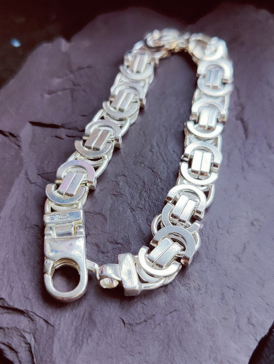 925 Sterling Silver Chunky Heavy Mens Chain Bracelet 43grams Flat Byzantine 10mm