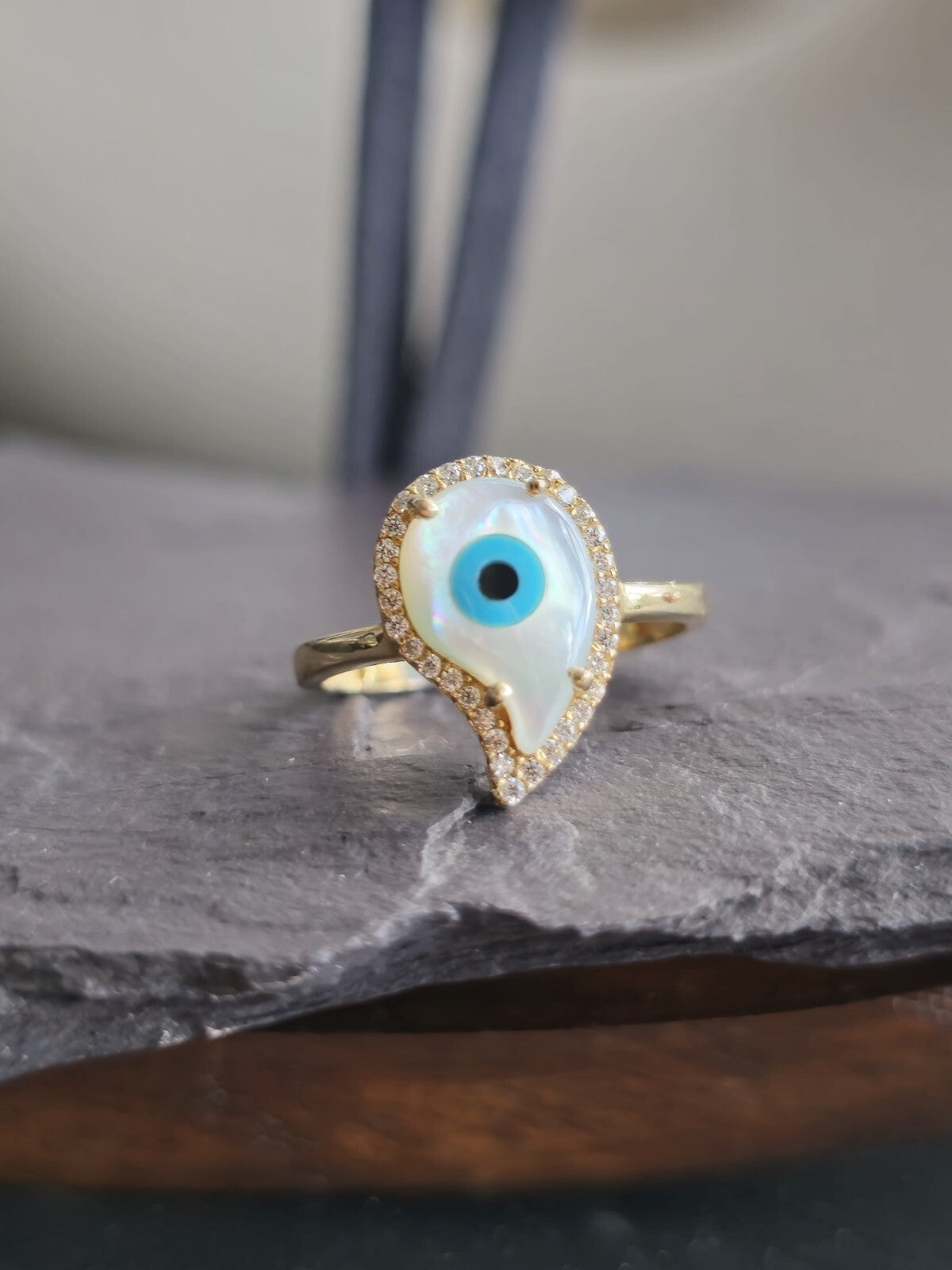 14k Yellow Gold Evil Eye Set of Ring and Earrings English Clasp