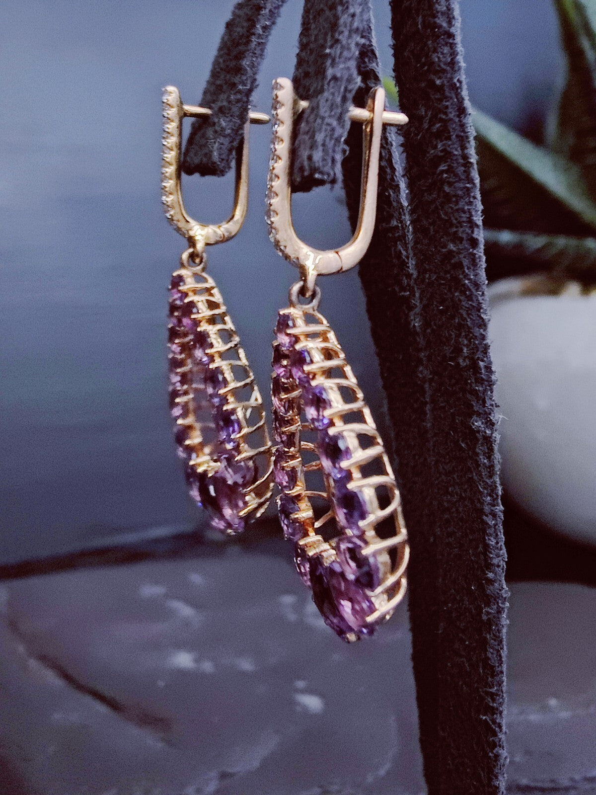 Solid 18K Rose Gold Amethyst & Diamond Drop Earrings Pear Shape Elegant