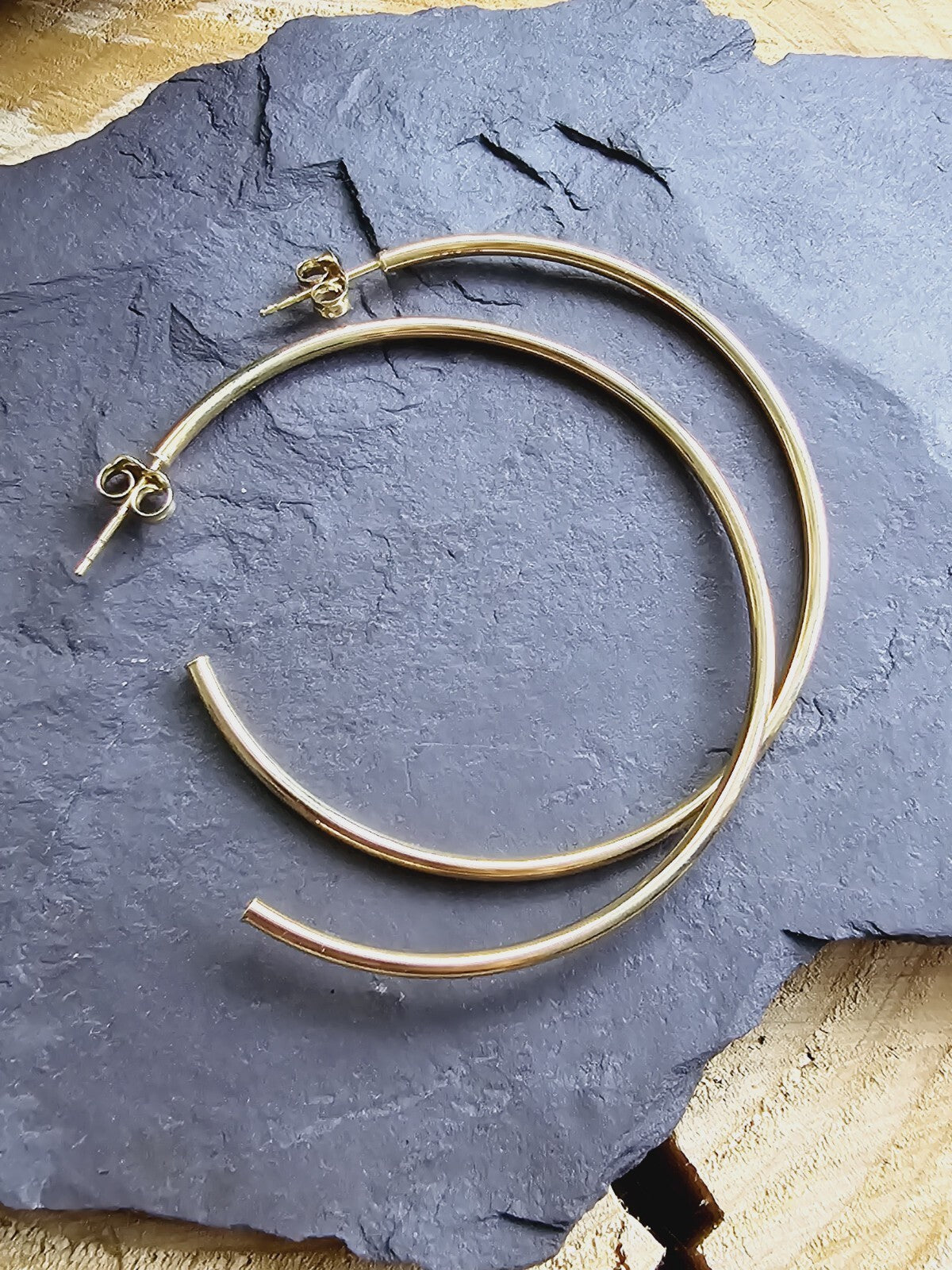 New 9ct Solid Yellow Gold Big Hoop Earrings Open End Hoops 53mm Butterfly