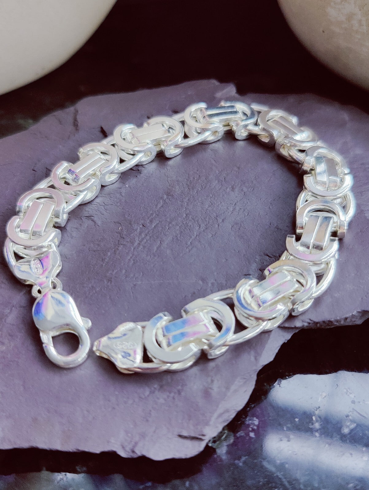 925 Sterling Silver Chunky Heavy Mens Chain Bracelet 52grams Flat Byzantine 10mm