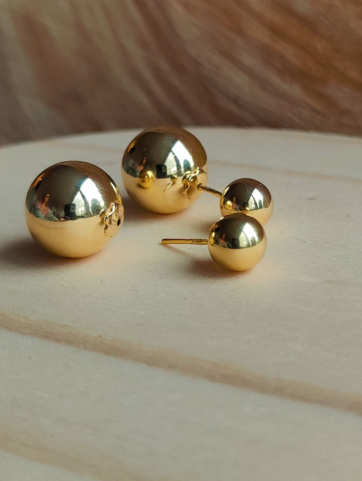Double Ball Reversible 9K Yellow Gold Stud Earrings 8-14 mm Hallmarked Two Balls