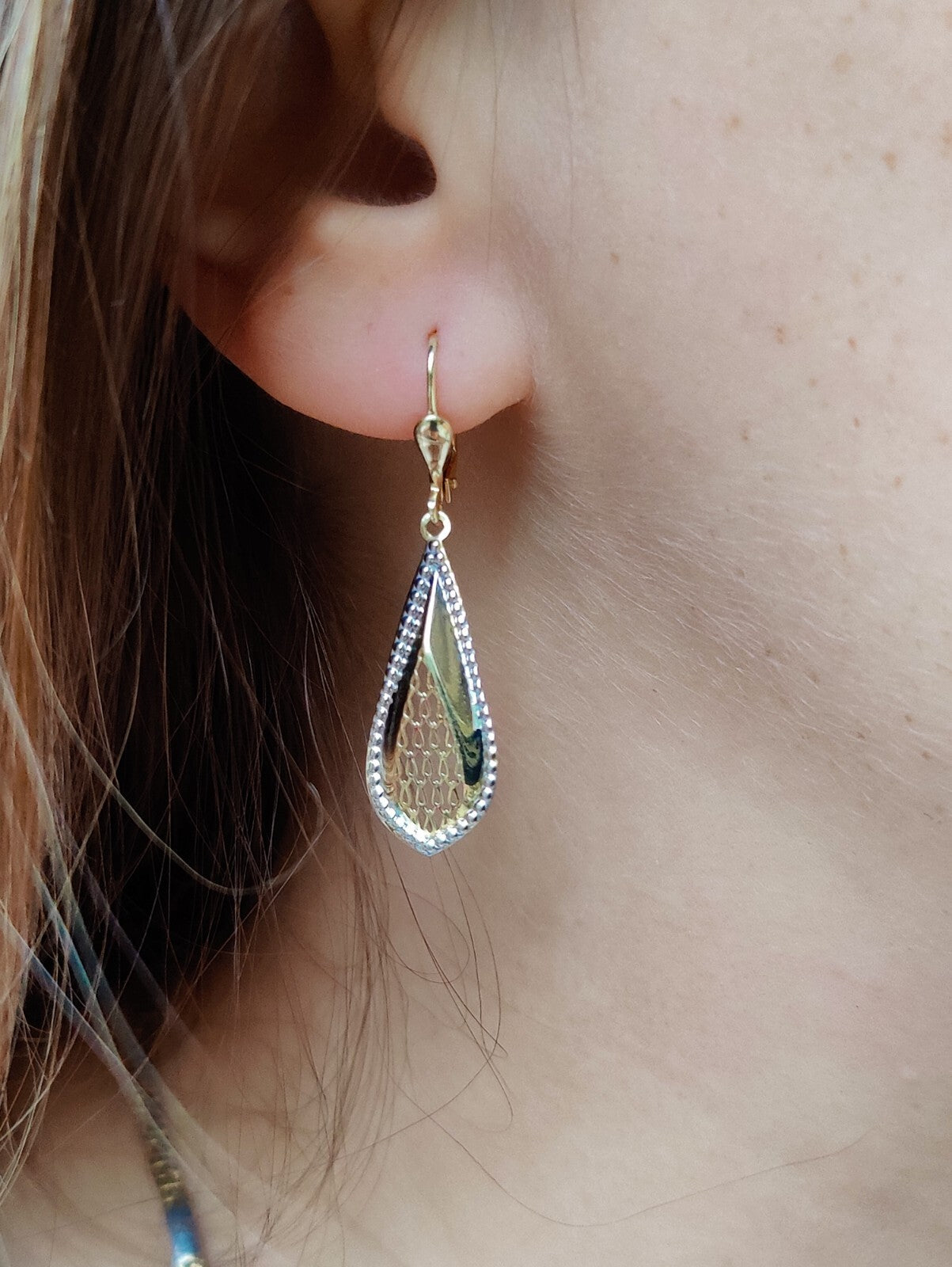 9ct Yellow/White Gold Drop Dangly Earrings Hallmarked Decorative Pattern