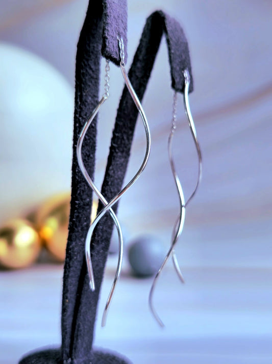 New 9ct White Gold Twist Drop Earrings DOUBLE Squiggle Pull Through Wavy Moving