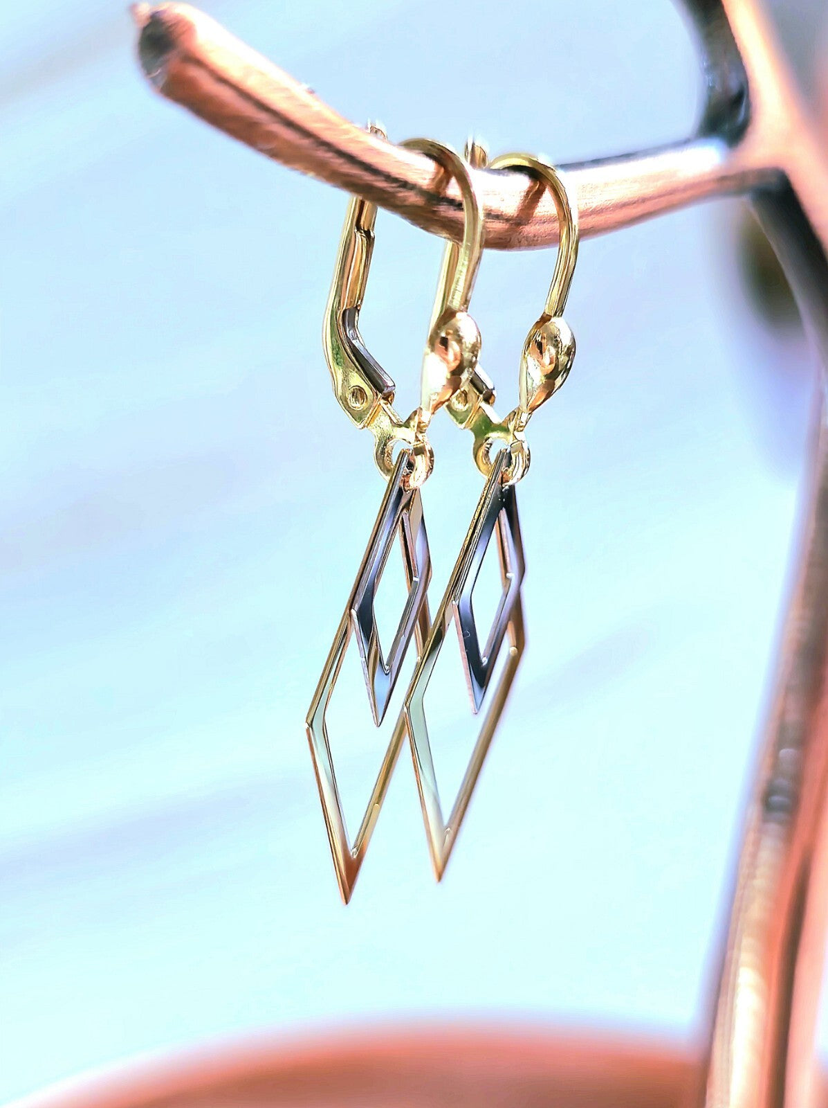 New Solid 9ct Yellow/White Gold Rombus Shape Drop Earrings Leverback Clasp