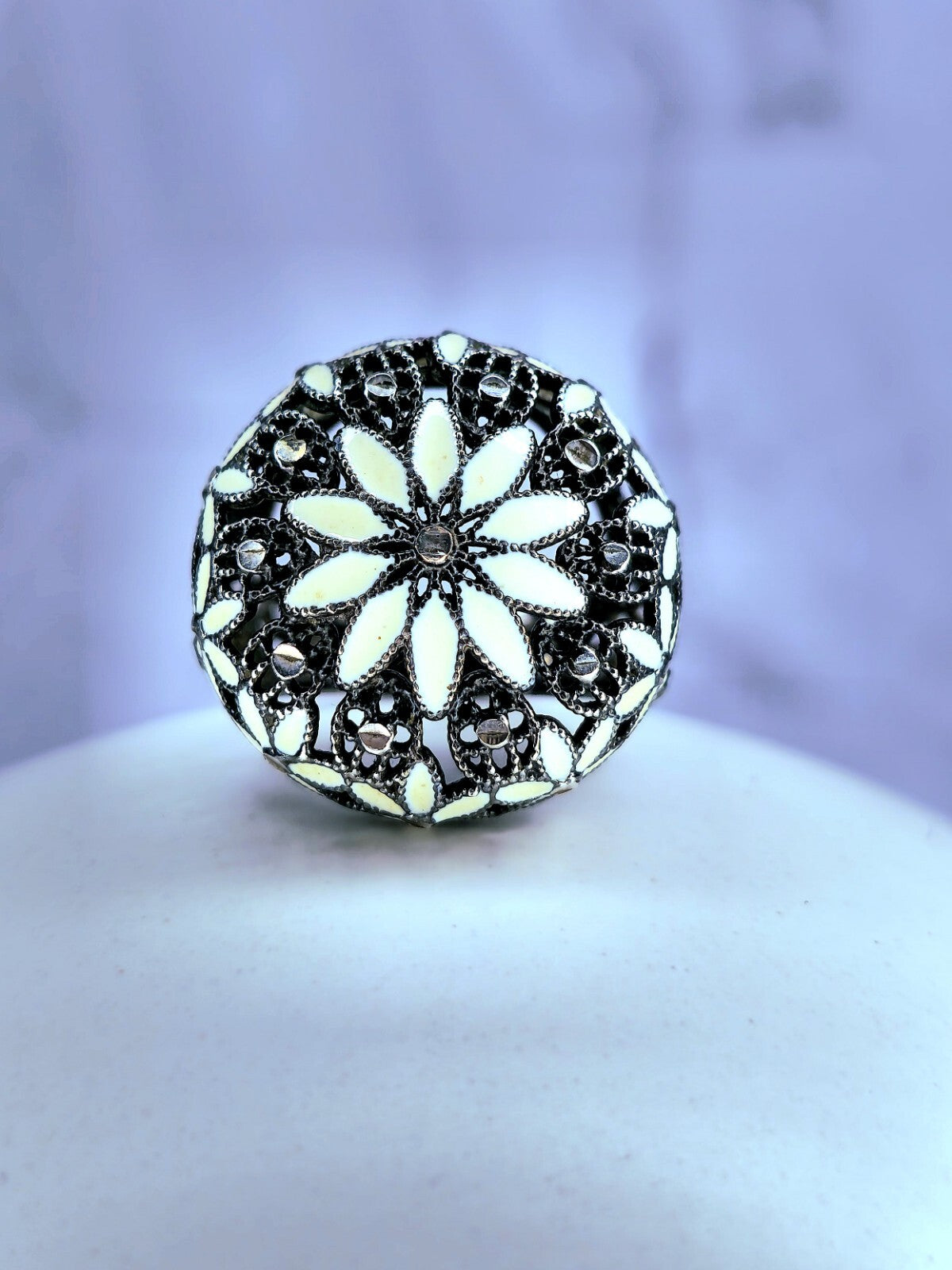 Sterling Silver 925 Ring Art Decor Oxidised Enamel Dress Cocktail, size O+ Black