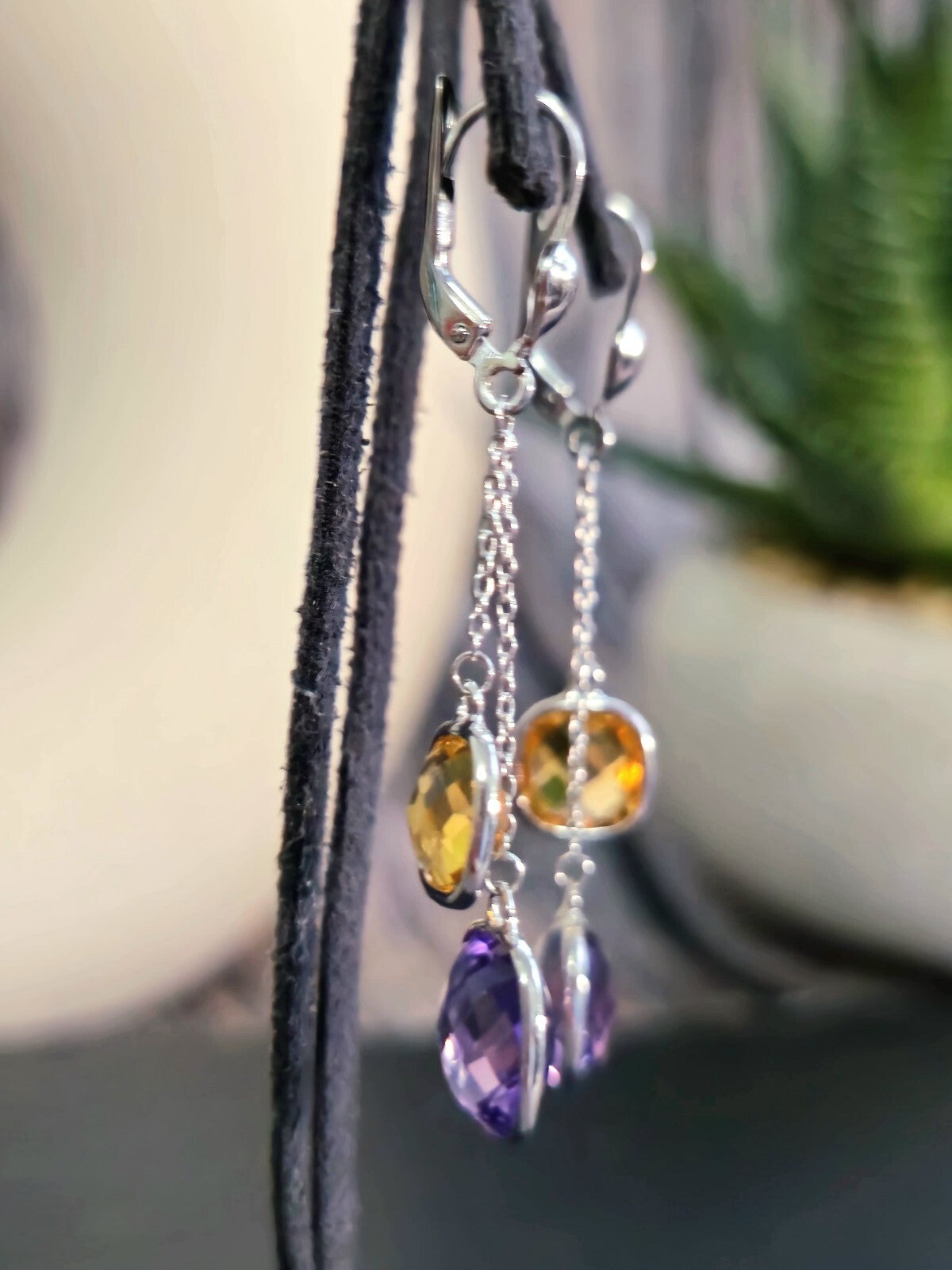 New 9ct White Gold Drop Earrings Amethyst and Citrine Big Stones Dangling Dress