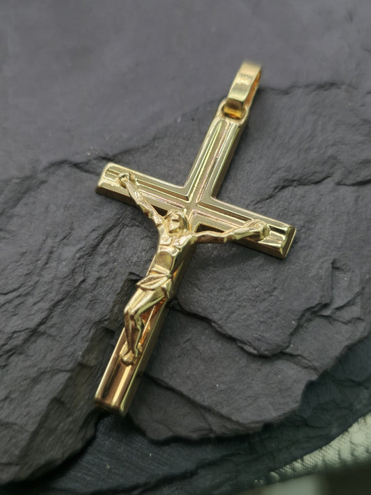 New Solid 9ct Yellow Gold Square Cross with Jesus Pendant 50mm x 30mm Hallmarked