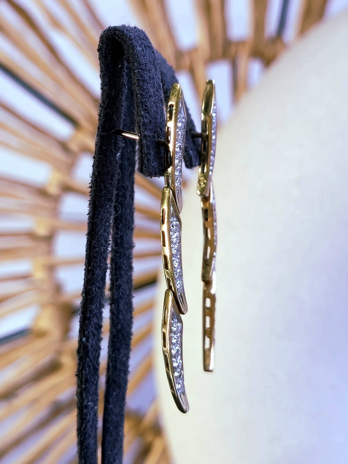 18k Yellow Gold Diamond Drop Earrings Long Segments Butterfly Hallmarked 45mm