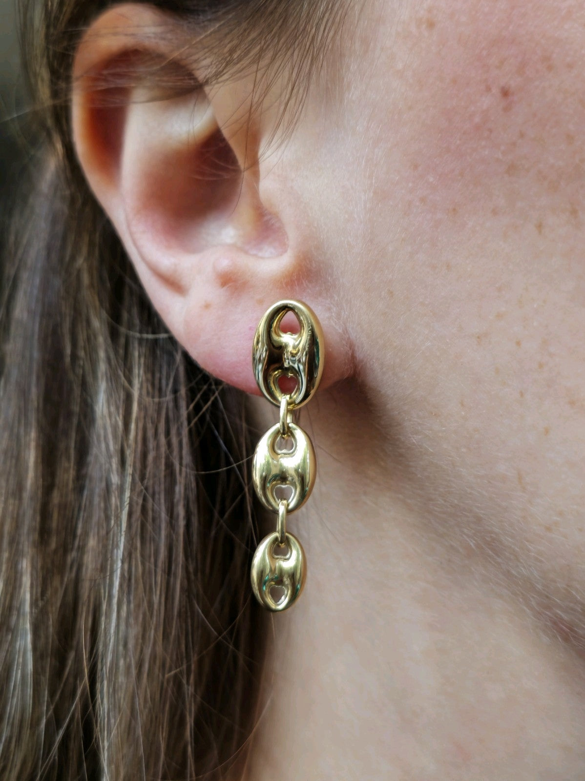 New 9ct Yellow Gold Puffed Graduated Bean Drop Earrings Anchor Chunky Drops 40mm