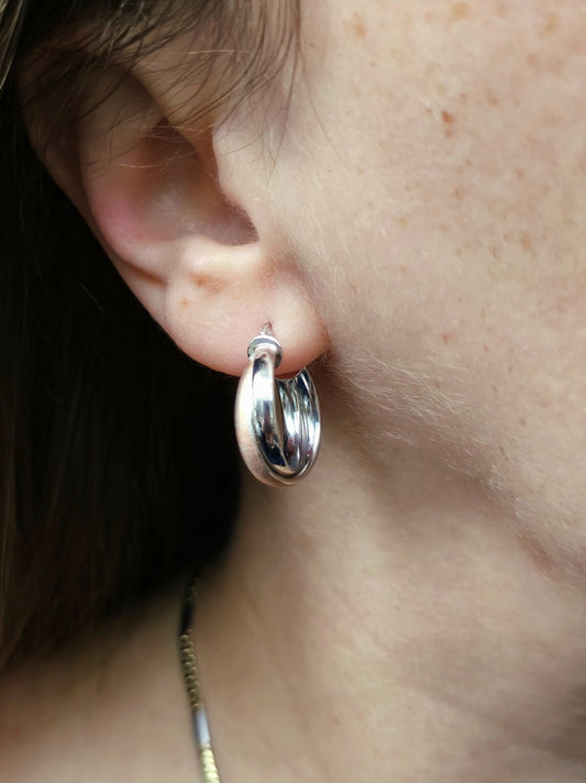 9ct Solid White/Rose Gold Crossed Hoop Earrings 22mm Twist Hoops Matt/Shiny