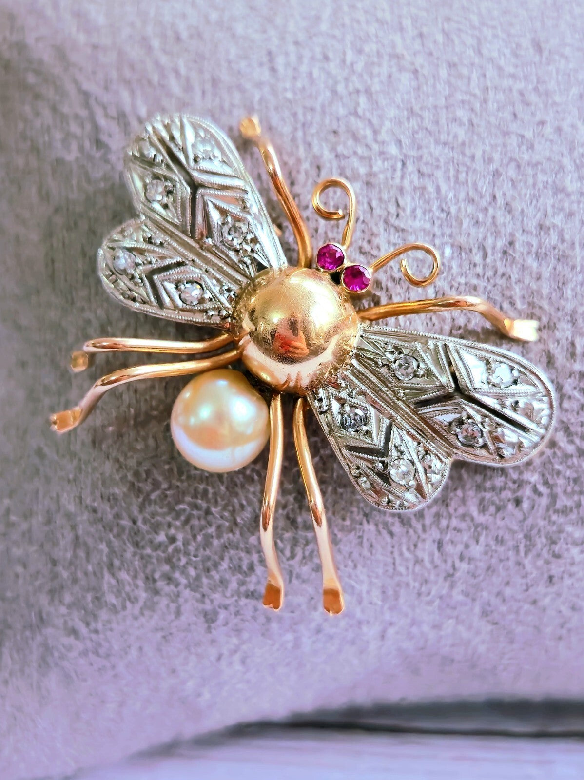 18K Rose Gold & Platinum Antique Victorian Diamonds Ruby & Pearl Bee Brooch Bug