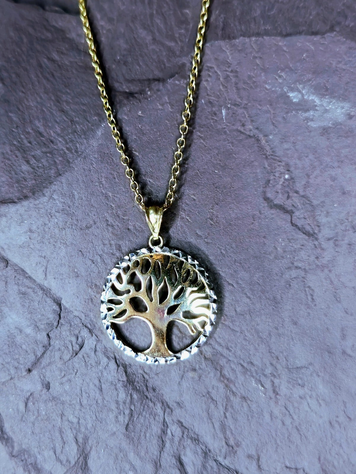 Beautiful Solid 9k Yellow/White Gold Pendant Tree of Life Diamond Cut 19mm NEW