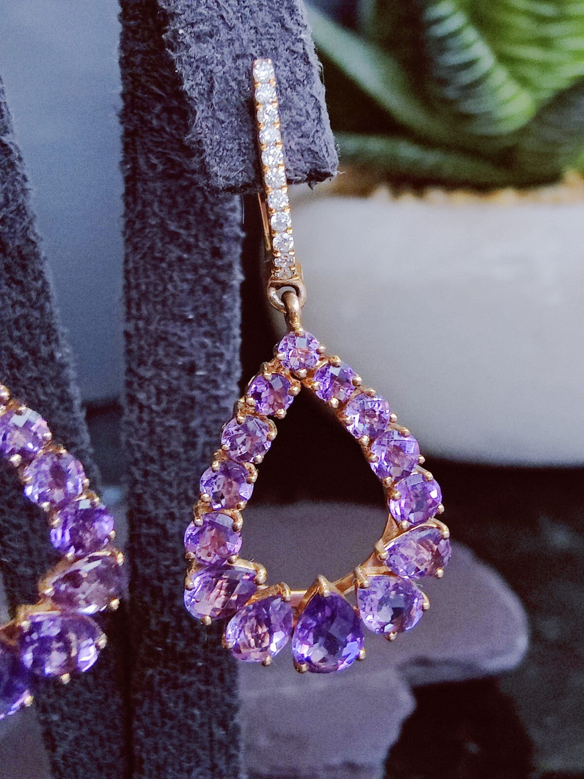 Solid 18K Rose Gold Amethyst & Diamond Drop Earrings Pear Shape Elegant