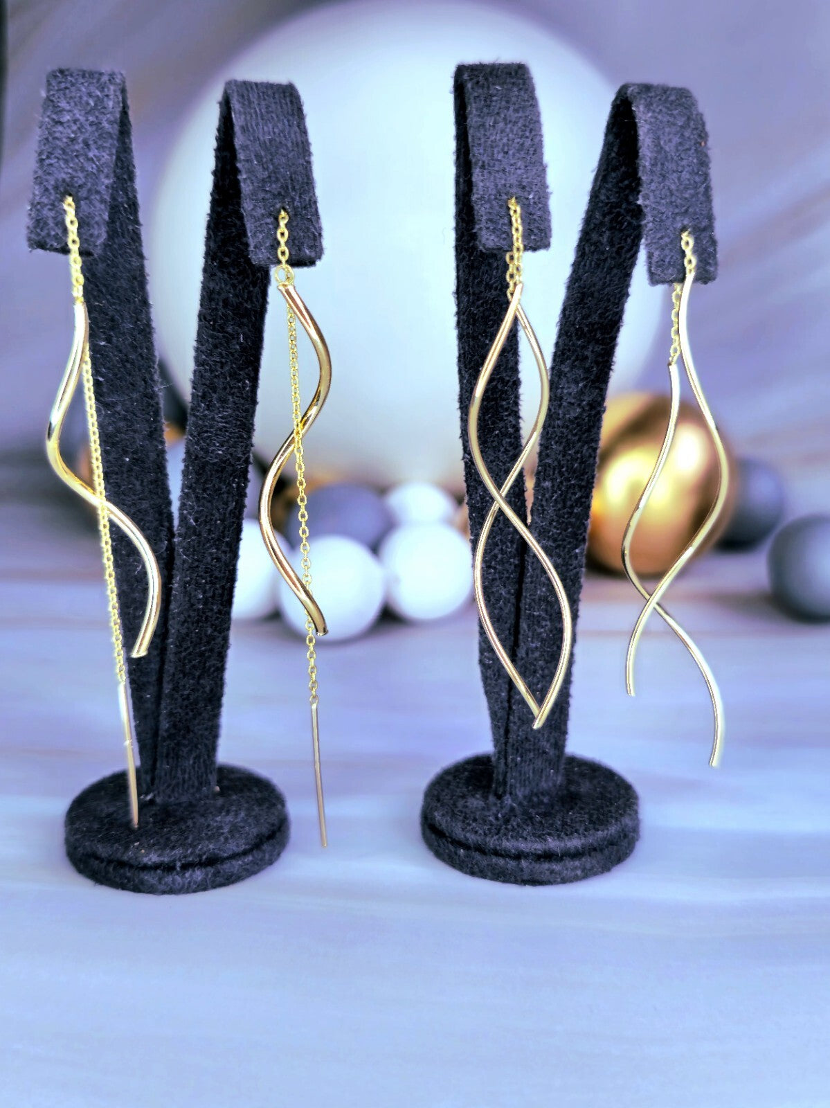 New 9ct Yellow Gold Twist Drop Earrings Squiggle Pull Through Wavy Chain 12.5cm