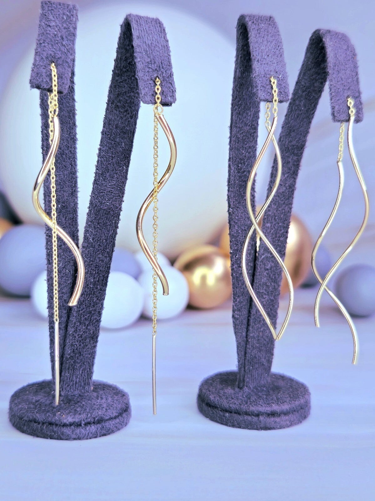 New 9ct Yellow Gold Twist Drop Earrings Squiggle Pull Through Wavy Chain 12.5cm