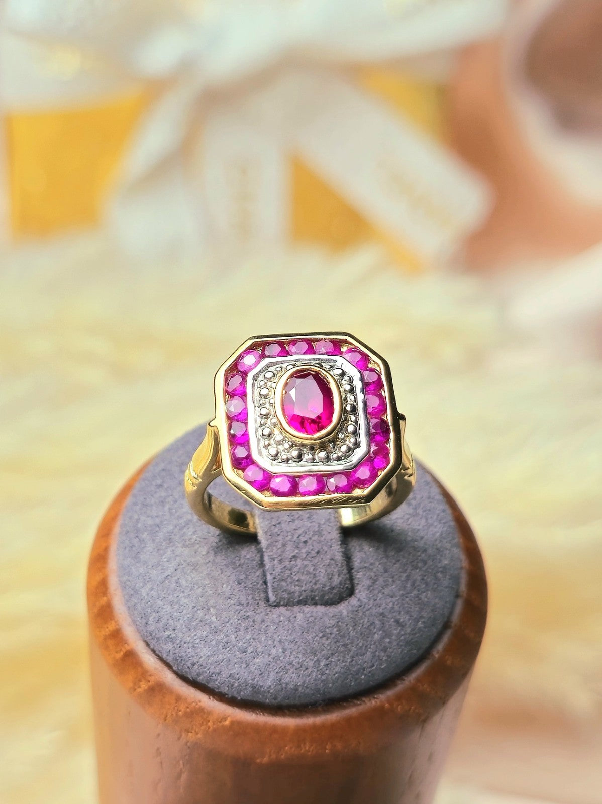 New 18ct Yellow Gold Coctail Square Ruby Ring with 1ct Oval Ruby