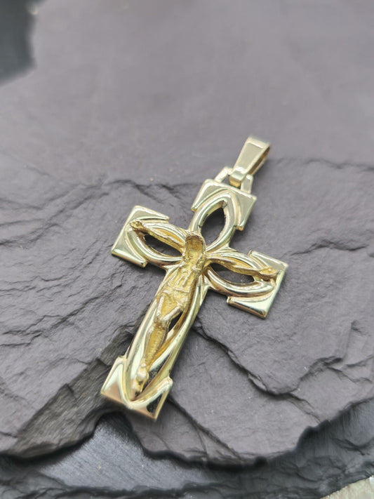 New Solid 9ct Yellow Gold Square Cross with Jesus Pendant 45mm x 25mm Hallmarked