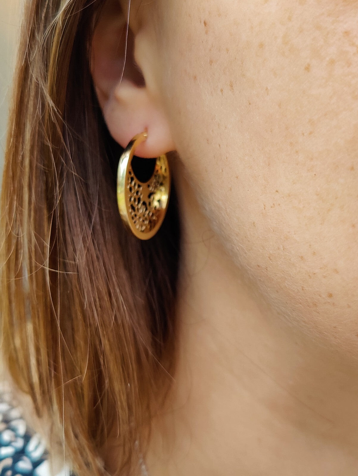 9ct Gold Yellow Gold 3.45g Full Decorative Hoop Earrings 30mm Flowers Hallmarked