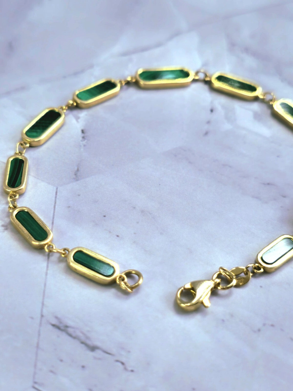 New Solid 9k Yellow Gold And Malachite Bracelet 7.5inch Hallmarked Lovely