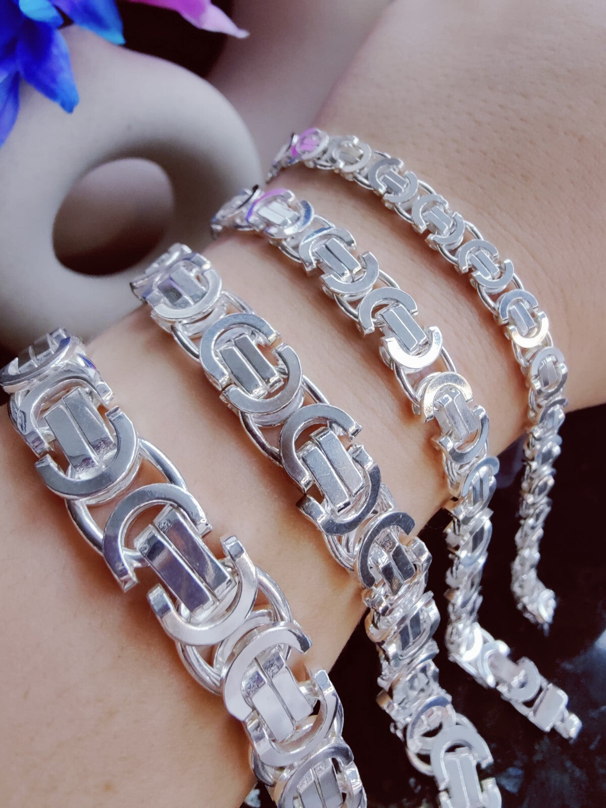 925 Sterling Silver Chunky Heavy Mens Chain Bracelet 52grams Flat Byzantine 10mm