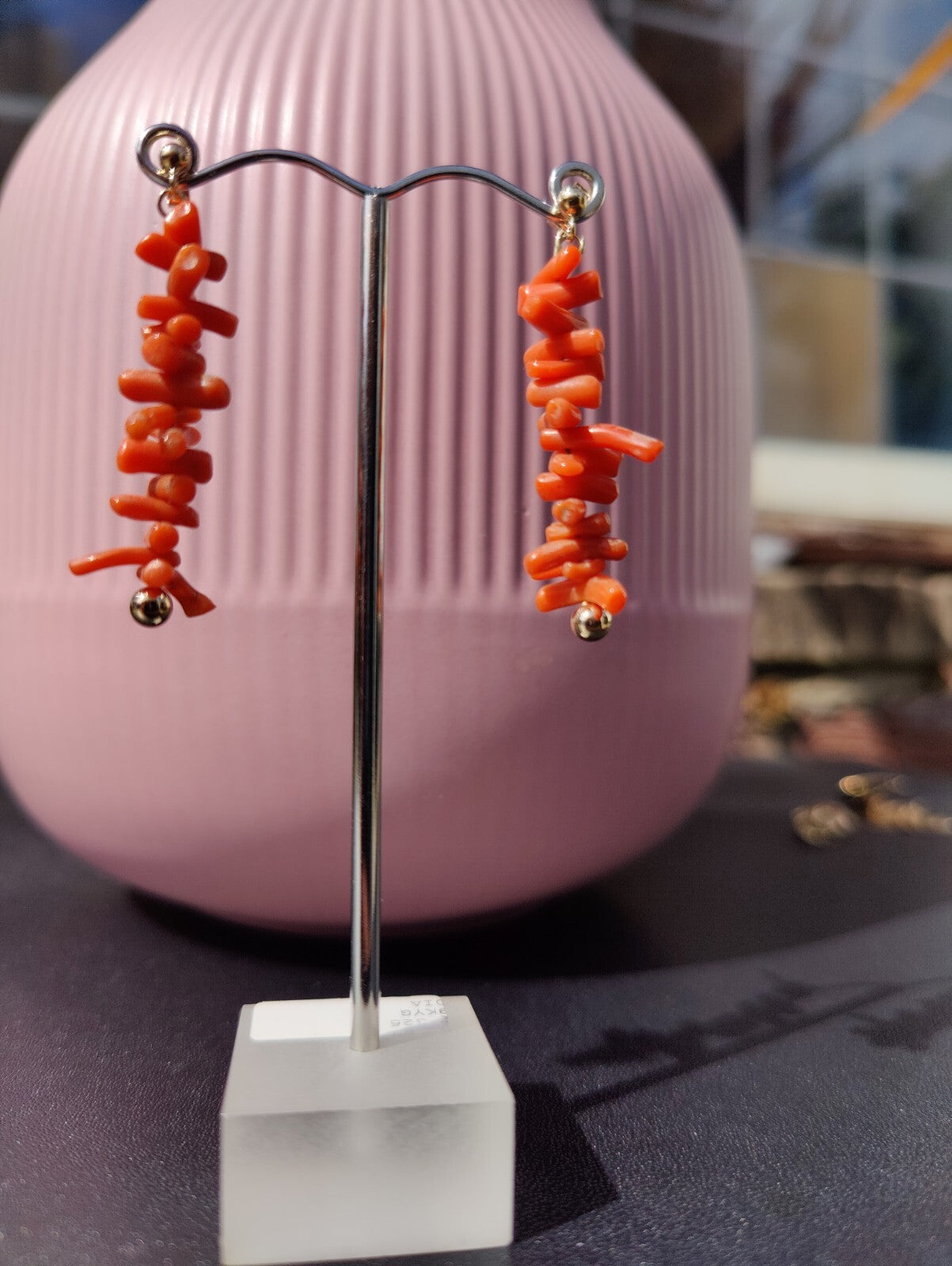 9ct Real Yellow GOLD and Natural Red CORAL Long Drop Earrings 4.5cm Vintage