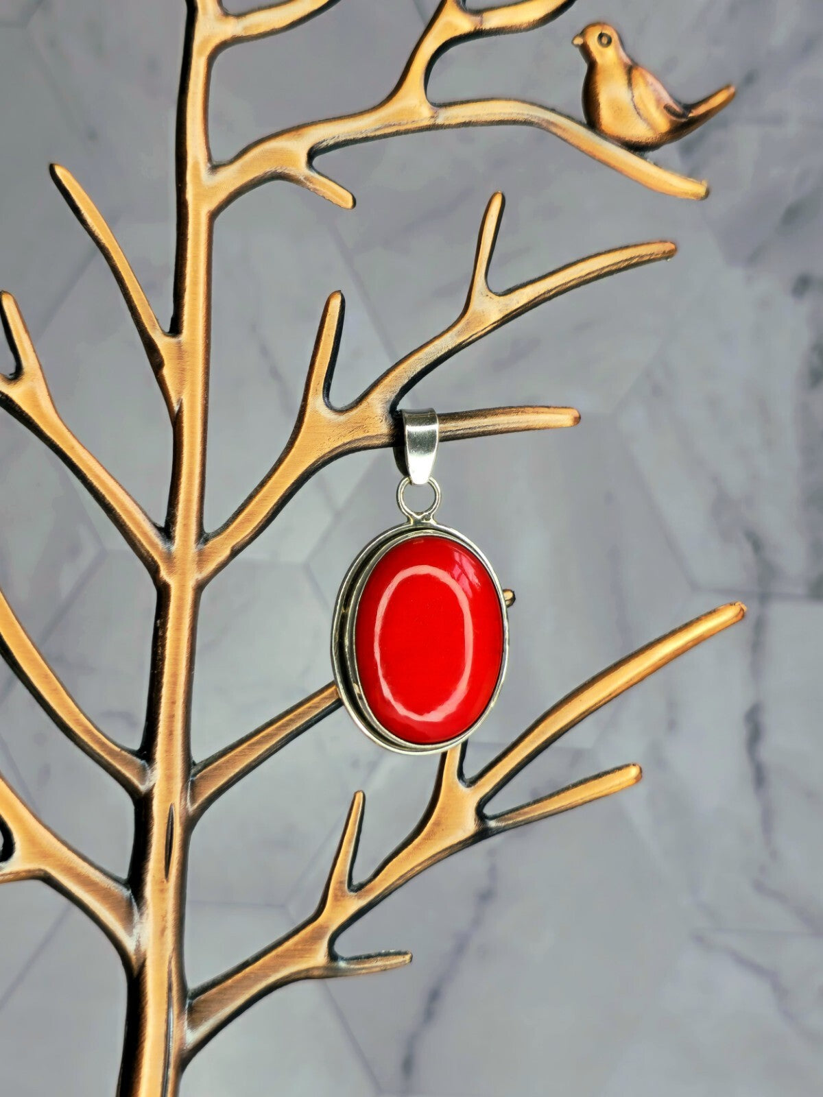 Vintage Big Oval Pendant Silver 925 with Red Stone Heavy Chunky 45mm x 24mm