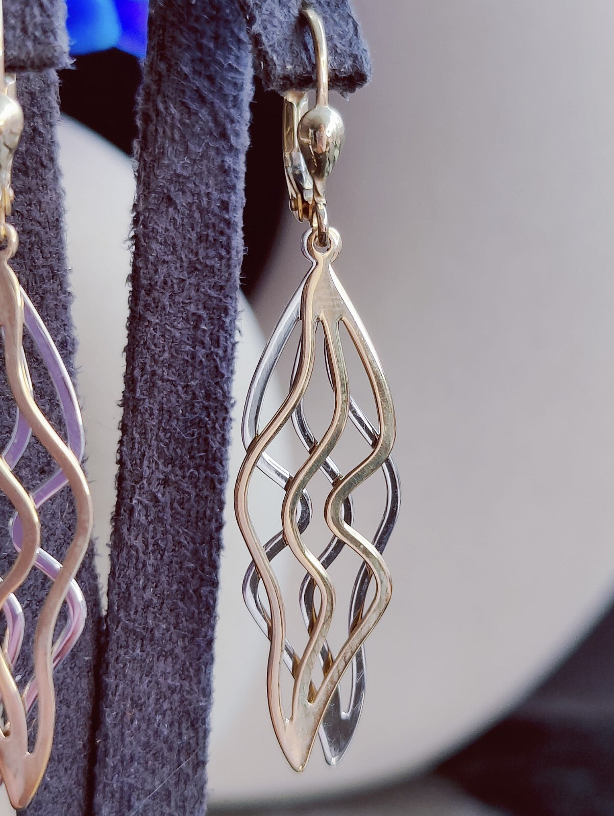 9ct Yellow/White Gold Solid Drop Earrings Long 50mm Leaf Motif Waves Lever Back