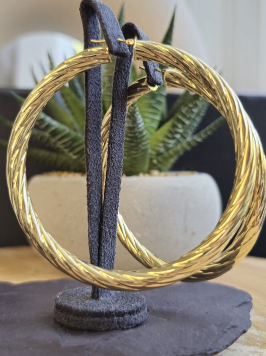 Big 9ct Yellow Gold Twisted Hoop Earrings Creole Huge Twist Hoops 60mm 9g