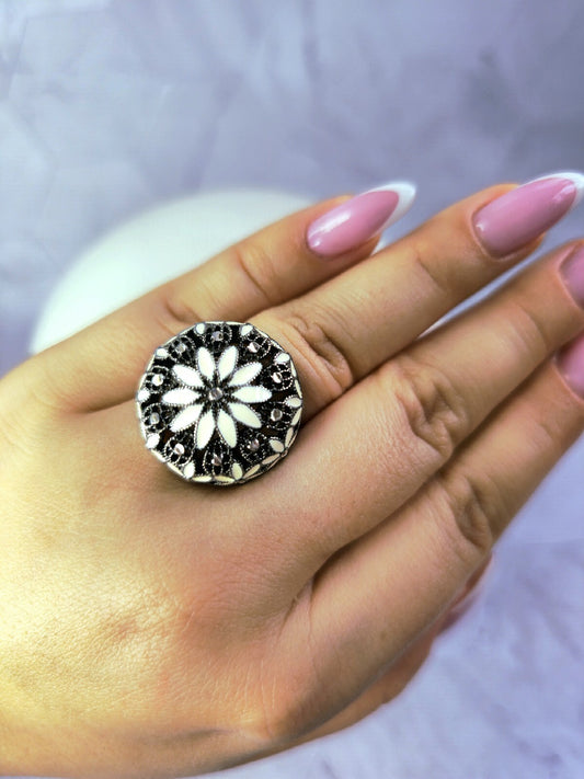 Sterling Silver 925 Ring Art Decor Oxidised Enamel Dress Cocktail, size O+ Black