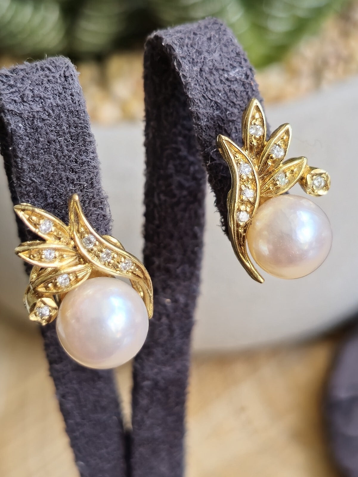 18K Yellow Gold Sea Water Pearl Stud Earrings with Diamonds Studs Solid Gold