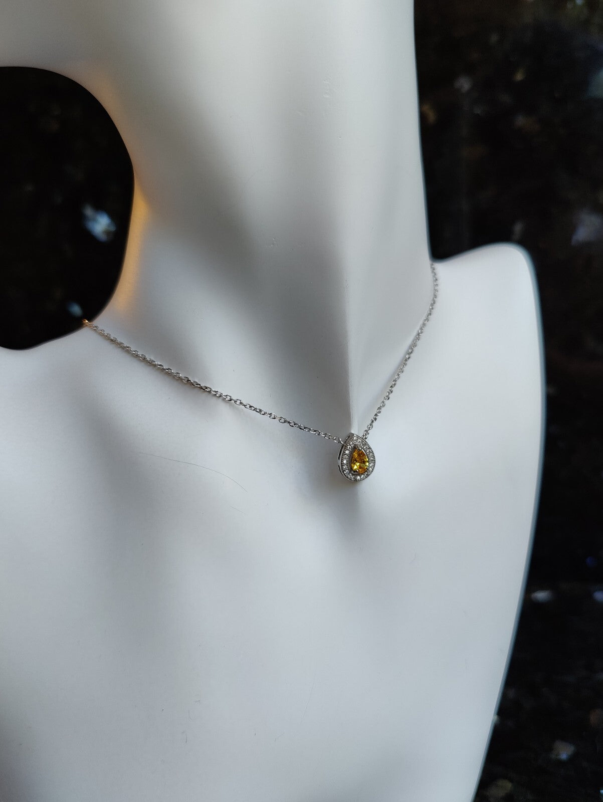 Beautiful Solid Silver Necklace with Yellow Pear CZ and White Halo, Hallmarked