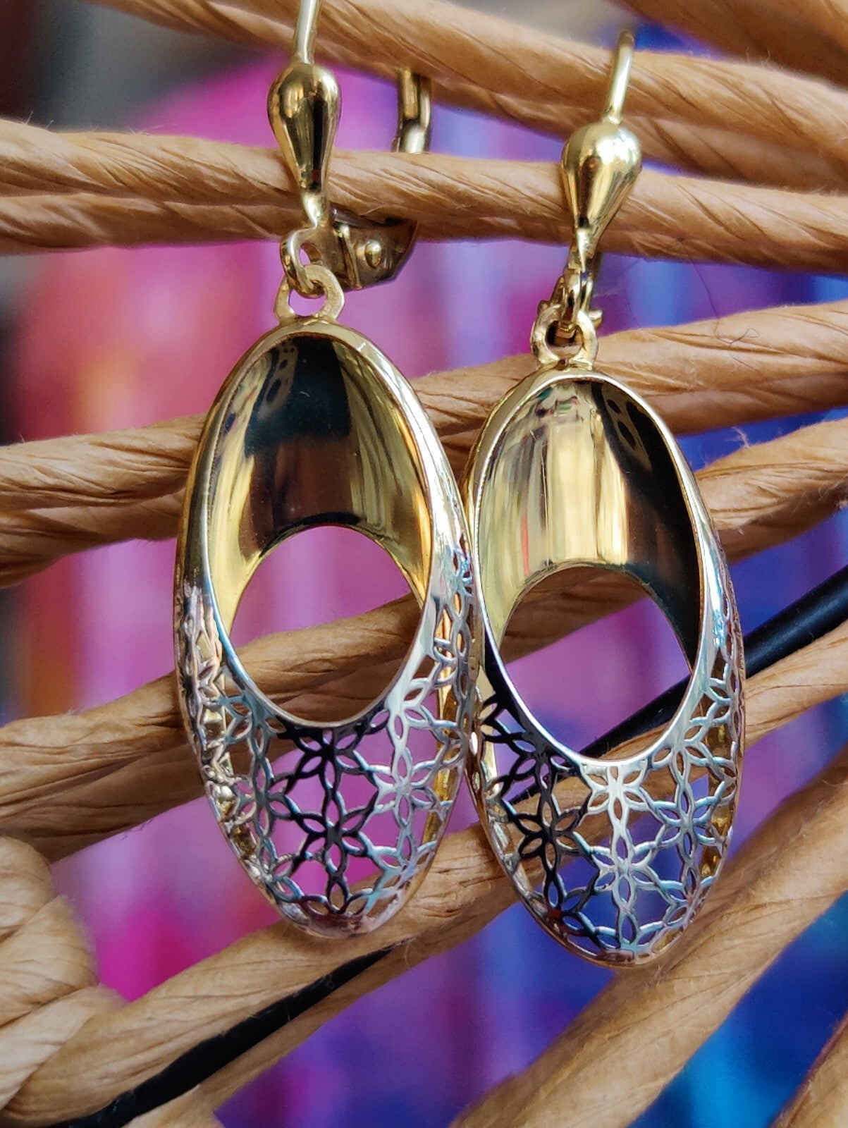 New 9ct Yellow/White Gold Drop Dangly Earrings Hallmarked Decorative Pattern