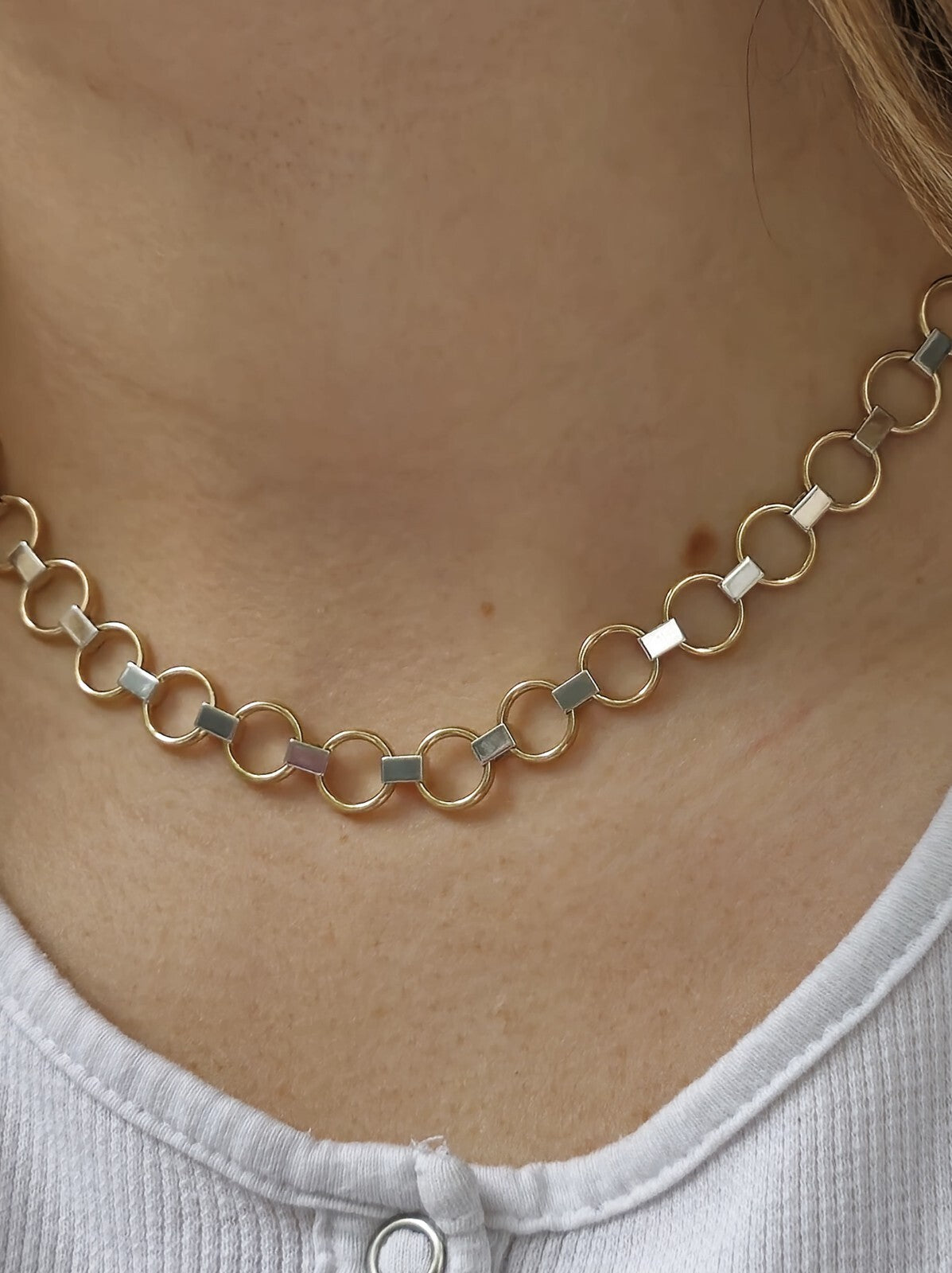 New Fancy 9ct Yellow/White Gold Necklace Collar Chocker Circles/Bars Lovely 11g