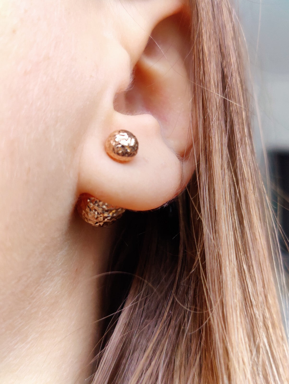 New Double Ball Reversible 9K Rose Gold Stud Earrings 6-10mm Diamond Cut Balls